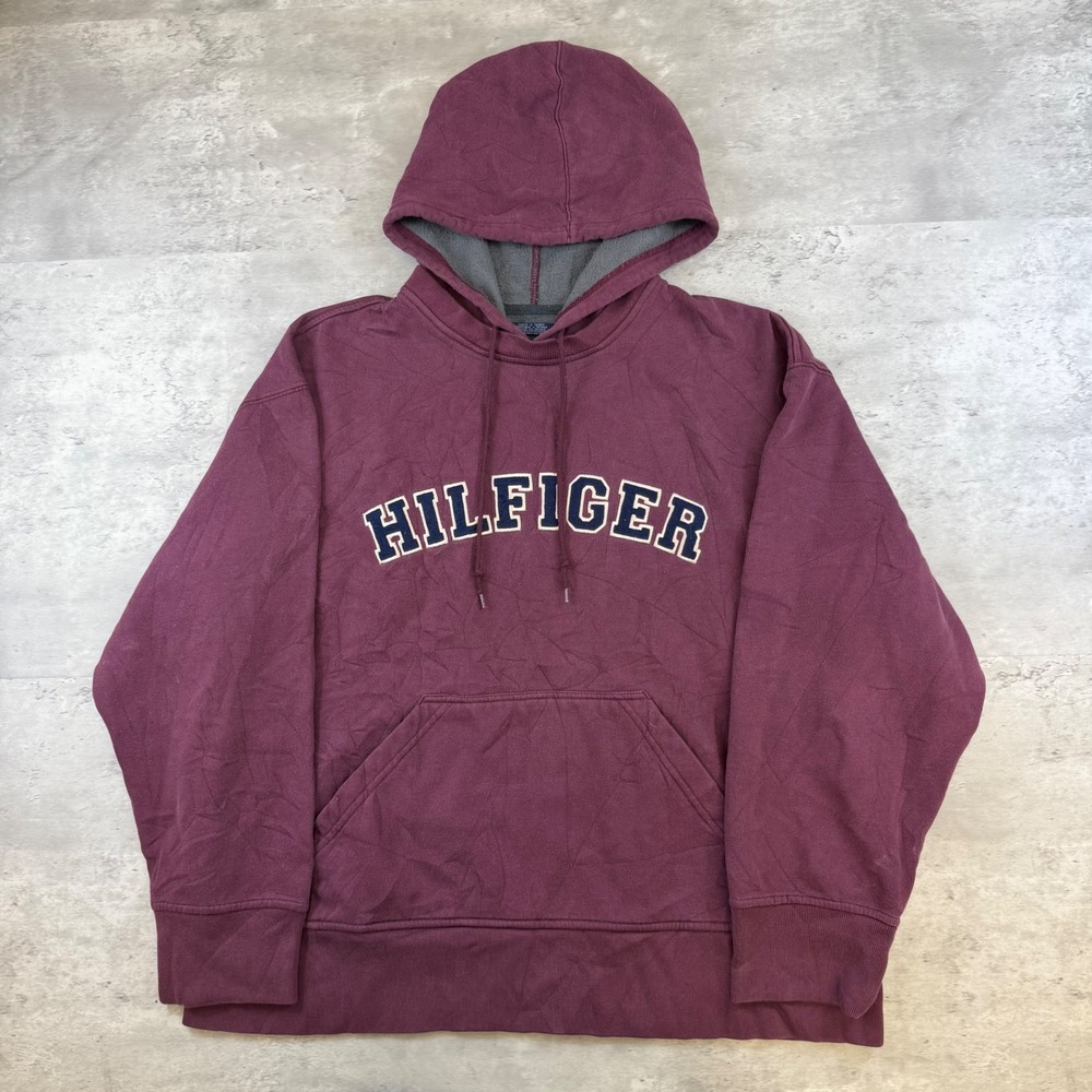 Tommy Hilfiger Hoodie Mens Large Burgundy Spellout Logo Pullover Maroon 90s Vtg